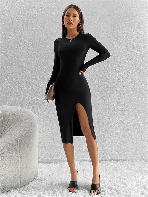 Shein Petite Solid Split Thigh Bodycon Dress Shein Usa