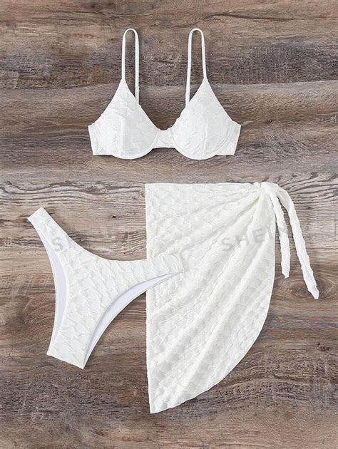 Shein Swim Basics Solid Color Textured Bikini Set And Swim Skirt With Built In Briefs Shein