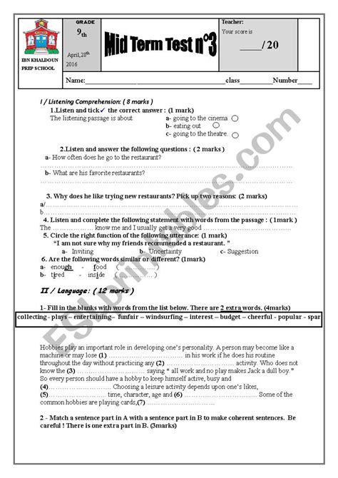 Mid Term Test N For The Th Forms Esl Worksheet By Toutazou