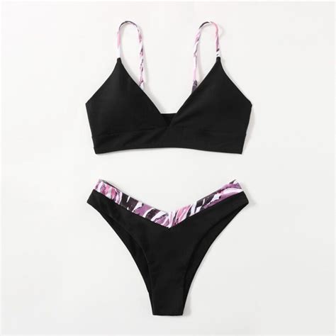 Leaf Print High Cut Bikini Swimsuit V Neck High Cut Beach Bikinis Set Power Day Sale