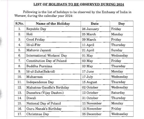 Holiday List