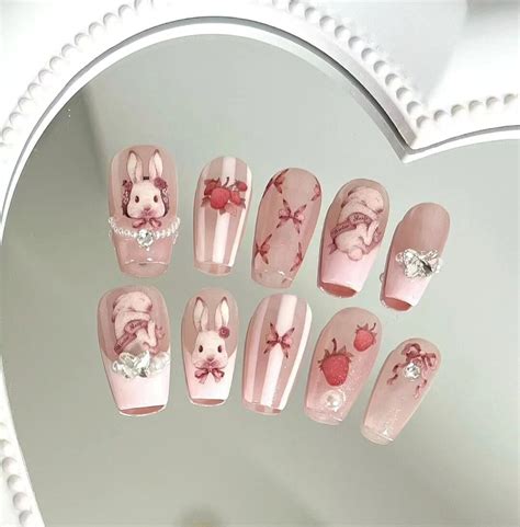 Handmade Rococo Barocco Pink Nude Milky Bunny Wonderland Cute Press On Nails Etsy