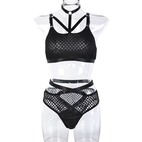 Womens Black Transparent Lingerie Set Large Mesh Sex Neck Cross Belt Lingerie Lingerie And