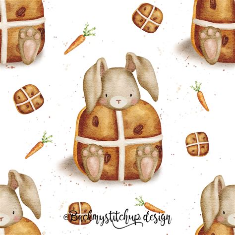 Hot Cross Buns And Bunny Rabbit Seamless Pattern Easter Seamless File Hot Cross Buns Fabric