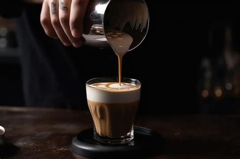 Premium Ai Image Barista Pouring Milk Into Coffee Closeup Generative Ai