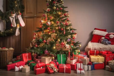 Premium Ai Image A Festive Tree Surrounded By Presents And Stockings