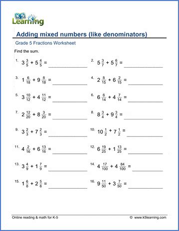 Grade 5 Fractions Worksheet Adding Mixed Numbers Like Denominators