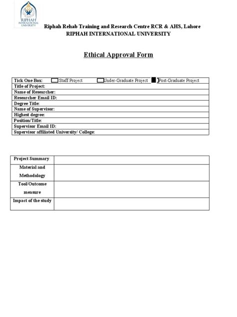 Ethical Approval Form Riphah Rehab Training And Research Centre Rcr