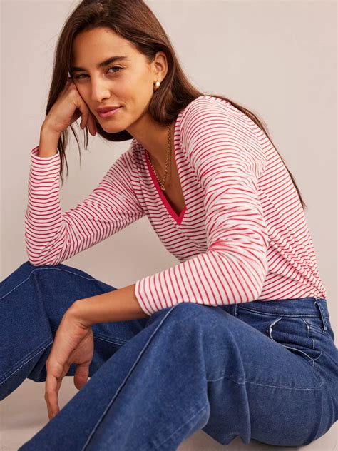 Boden Long Sleeve Stripe Cotton T Shirt Red Ivory At John Lewis And Partners