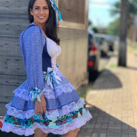 Vestido Junino Caipira Azul Manga Longa Espartilho Luxo