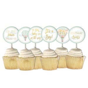 Hot Air Balloon Cupcake Toppers Baby Shower Gender Neutral Printable Toppers Mint Gold The
