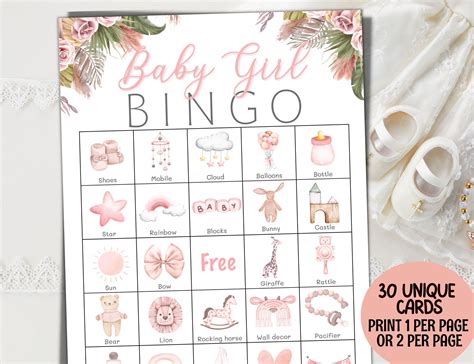 Girl Baby Bingo Baby Girl Shower Bingo Game 30 Prefilled Pink Floral