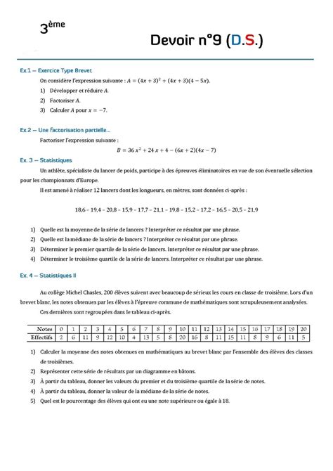 devoir maison sur les statistiques 4ème Mathématiques