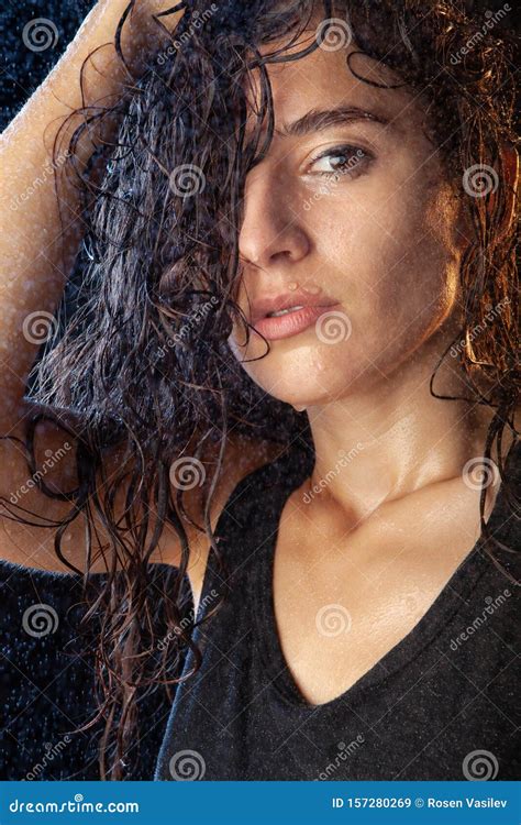 Closeup Portrait Of Wet Brunette In Black Shirt Stock Image Image Of Lady Female