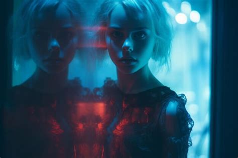 Premium AI Image A Woman With Blonde Hair And Blue Eyes Is Reflected In A Mirror