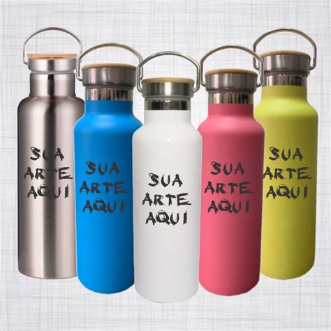 Garrafa Térmica Aço Inox parede dupla tampa bambu 600 ml Personalizada