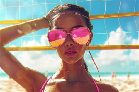 Premium Photo Amidst Beach Volleyball Game Fashionable Lady Shines In Her Pink Bikini And