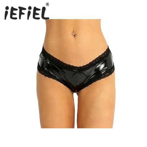 Iefiel Women Lingerie Sexy Wet Look Patent Leather Lace V Back Mini Briefs Open Butt Underwear