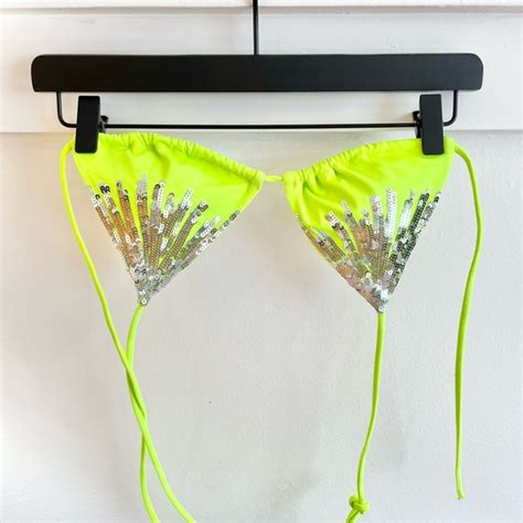 Victoria S Secret Swim Vintage Victorias Secret Sequins And Neon Yellow Bikini Top Triangle