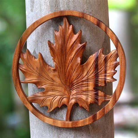 Maple Leaf Suar Wood Relief Panel From Bali Maple NOVICA Wood