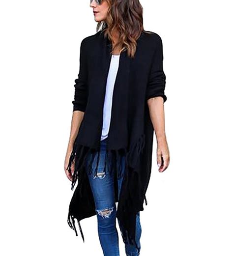 Womens Elegant Solid Color Irregular Long Sleeve Open Front Tassel