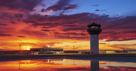 A Striking View Of The Airport Control Tower At Dusk Stock Illustration