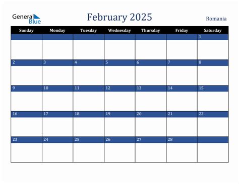 February 2025 Monthly Calendar with Romania Holidays