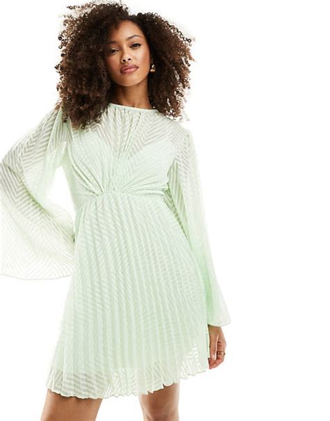 Asos Design Tie Back Fluted Sleeve Pleated Chevron Chiffon Mini Dress In Sage Green Asos