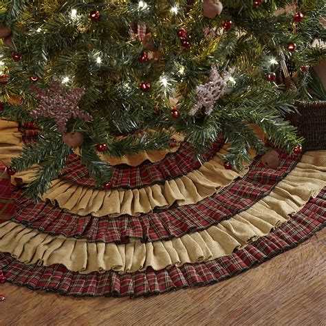 Large Christmas Tree Skirt Primitive Plaid Burlap Holiday Country