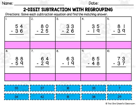 2 Digit Subtraction With Regrouping Matching Worksheet By Teach Simple