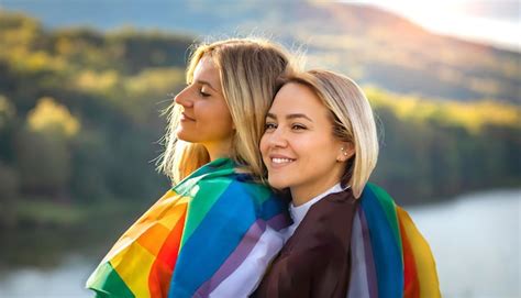 Premium Photo LGBT Group Good Looking Lesbian Couples Smile Brightly Cover Rainbow Flags