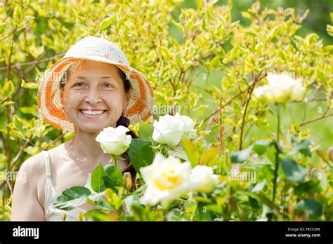 Mature Woman In Rose Plant At Garden Stock Photo Alamy