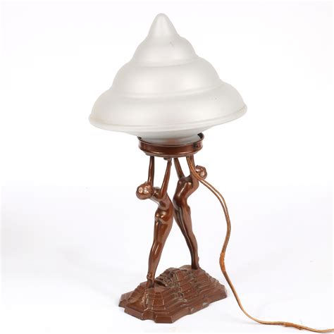 Lot Nuart Art Deco Double Nude Lady Lamp With Frosted Glass Conical Shade Spelter Metal With