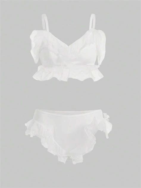 ROMWE Kawaii Solid Ruffle Trim Lingerie Set SHEIN USA