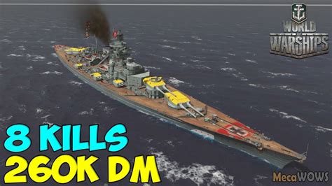 World Of Warships Bismarck 8 Kills 260k Damage Replay Gameplay