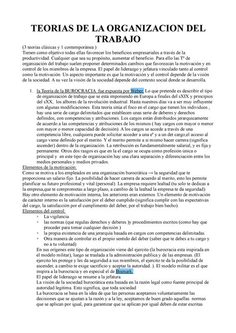 Teorias De La Organizacion Del Trabajo Teorias De La Organizacion