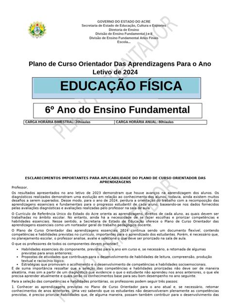 Plano de Curso Educação Física 6º Ano 2025 | PDF | Aprendizado | Pedagogia