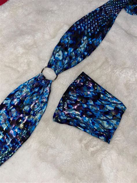 Blue Leopard Bandeau Micro Bikini Stripper Outfit Pom Pom Bandeau Micro Bikini Exotic