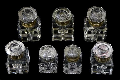 Lot GLASS Seven Cut Glass Cube Inkwells C 1880 1930 Clear Glass