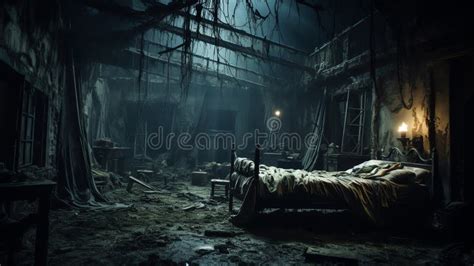 A Night Scene of a Spooky Bedroom Interior in a Haunted House Stock ...