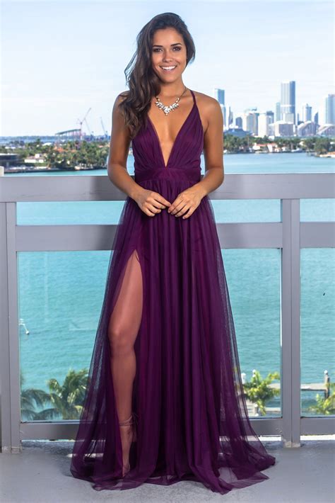 Plum V Neck Tulle Maxi Dress With Criss Cross Back Trendy Maxi Dresses Unique Dresses Stunning