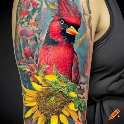 Colorful Cardinal Bird Tattoo With Sunflowers On Craiyon