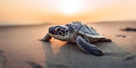 Premium AI Image Baby Sea Turtle Crawling On The Beach Towards The