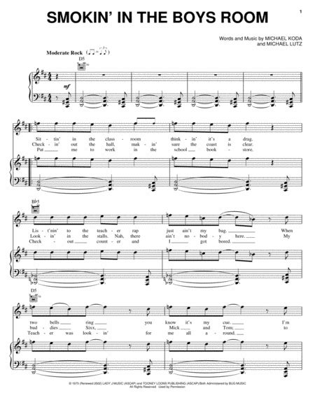 Smokin' In The Boys Room By Motley Crue - Digital Sheet Music For Piano/Vocal/Guitar - Download ...