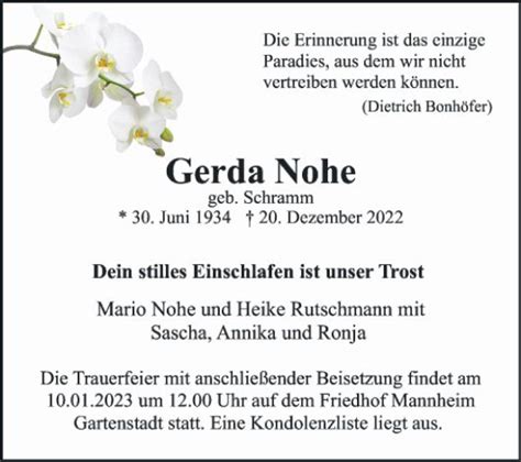 Traueranzeigen Von Gerda Nohe Trauerportal Ihrer Tageszeitung