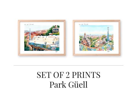 Park Guell Barcelona Illustration Set Of 2 Prints Park Guell Barcelona