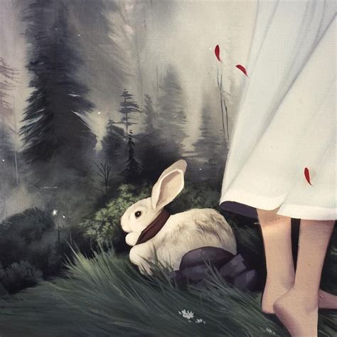 A Painting Of A White Rabbit Sitting In The Grass Next To A Woman S Legs