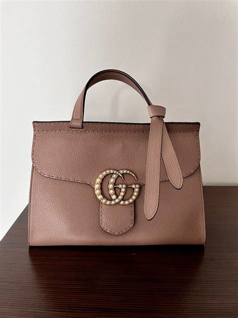 Gucci Marmont Top Handle Work Bag With Nude Pink With Pearl Logo On