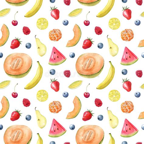 Watercolor Seamless Pattern With Fruits And Berries Stock Illustration