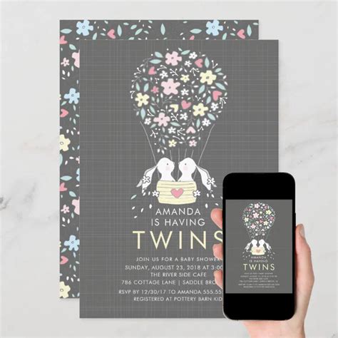 Hot Air Balloon Bunny TWINS Baby Shower Invitation Zazzle